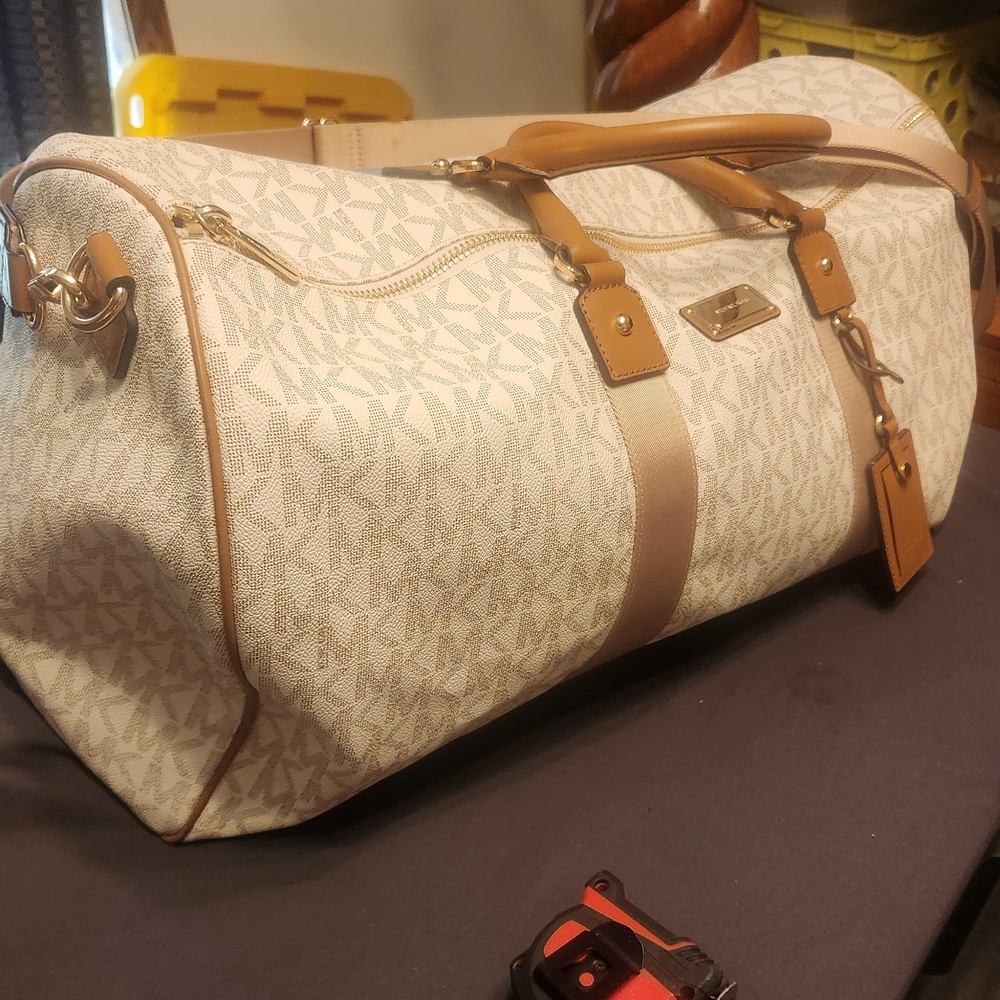 Michael Kors Tan Logo-Print Travel Duffel Bag Bundle